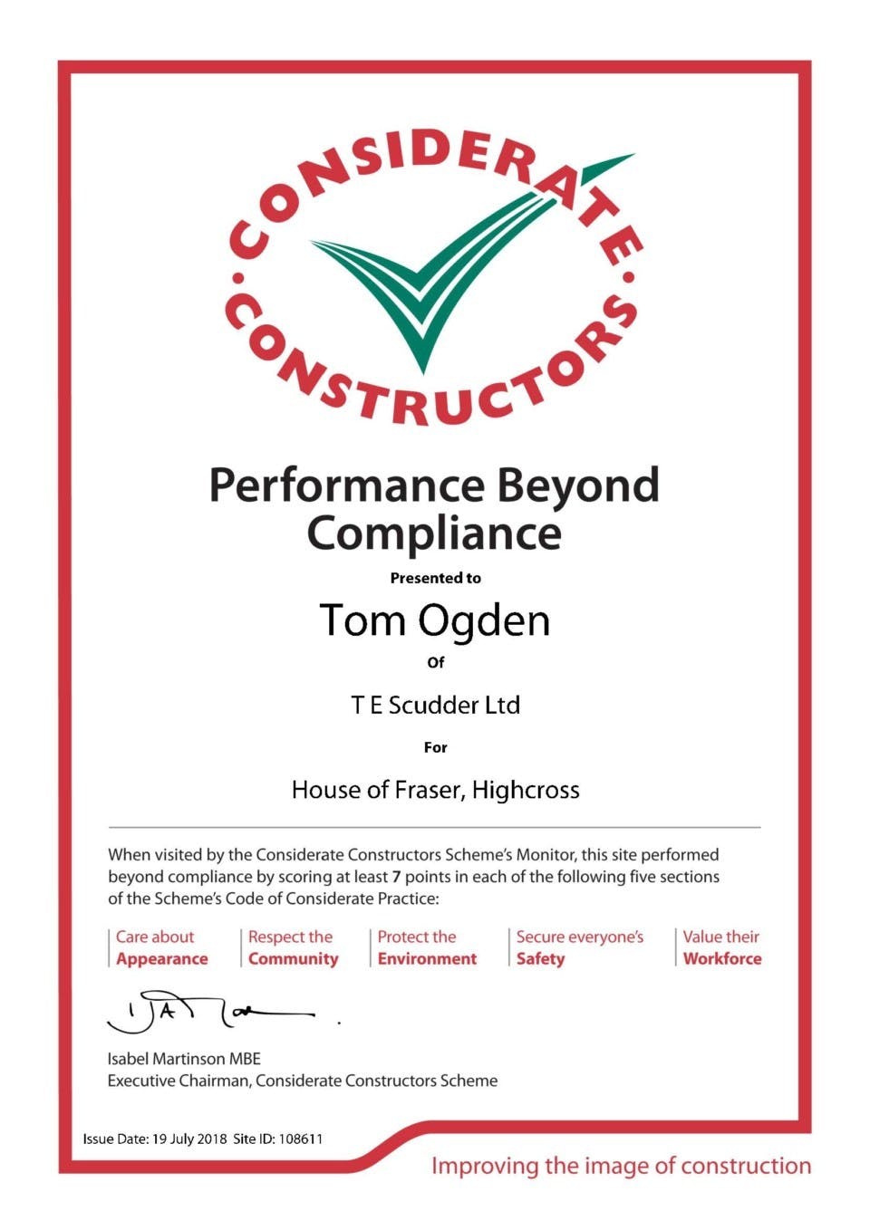 Performance Beyond Compliance Certificate 1